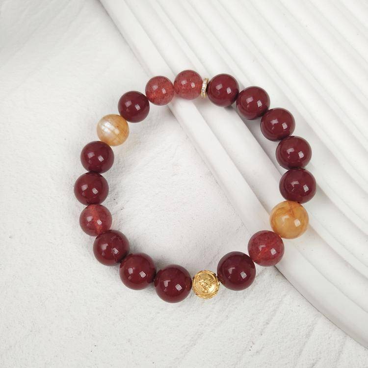 Natural Cinnabar, Purple Sand & Strawberry Quartz Beaded Bracelet - Triple Energy Healing Jewelry for Women
