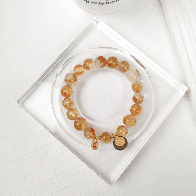 Natural Citrine Phantom & Yellow Hematoid Quartz Bracelet with Agarwood Beads - Gold Plated Spiritual Jewelry