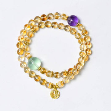 Five Elements Alignment Bracelet - Natural Citrine, Amethyst & Green Fluorite Double-Wrap Zen Jewelry