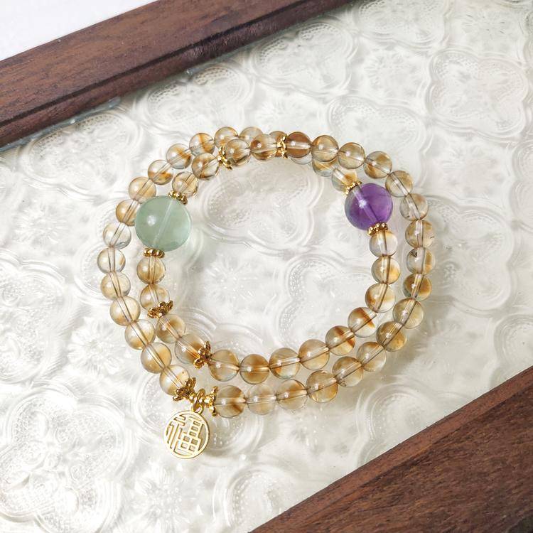Five Elements Alignment Bracelet - Natural Citrine, Amethyst & Green Fluorite Double-Wrap Zen Jewelry