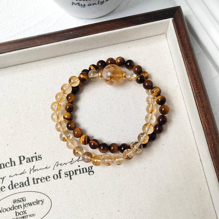 Golden Harmony Double-Wrap Bracelet | Genuine Citrine Tower & Tiger Eye Beaded Jewelry