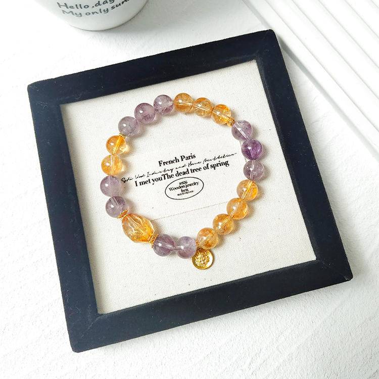 Natural Citrine Amethyst Healing Crystal Bracelet - Wealth God Talisman for Good Luck and Success