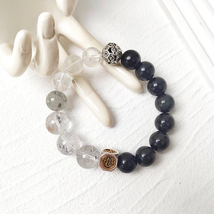 The Executive Power Bracelet - Natural Black Obsidian, Herkimer Quartz & Green Phantom for Success and Protection