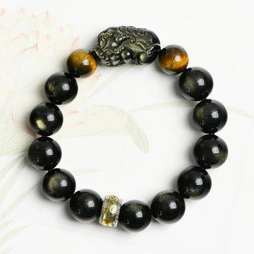 The Wealth Guardian Bracelet - Natural Golden Tiger's Eye & Gold Obsidian PiXiu Amulet
