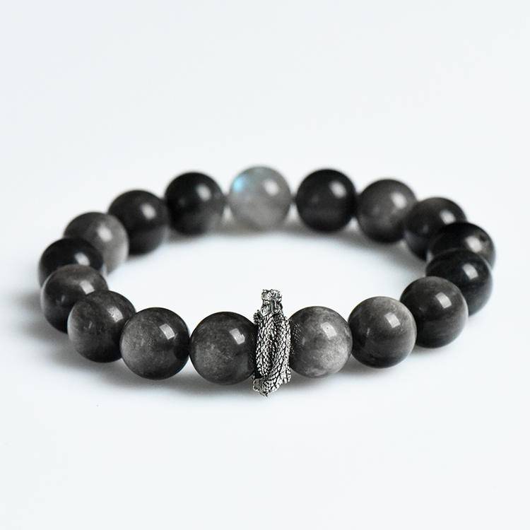 Natural Silver Obsidian and Grey Moonstone Snake Bracelet - Gothic Spiritual Jewelry for Intuition & Grounding