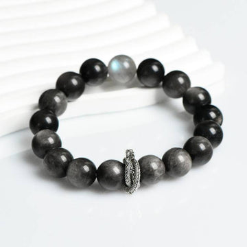 Natural Silver Obsidian and Grey Moonstone Snake Bracelet - Gothic Spiritual Jewelry for Intuition & Grounding